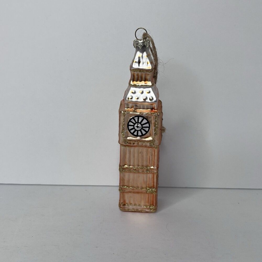 Pottery Barn Big Ben Clock Tower Glass Christmas Ornament With Glitter 5” Tall